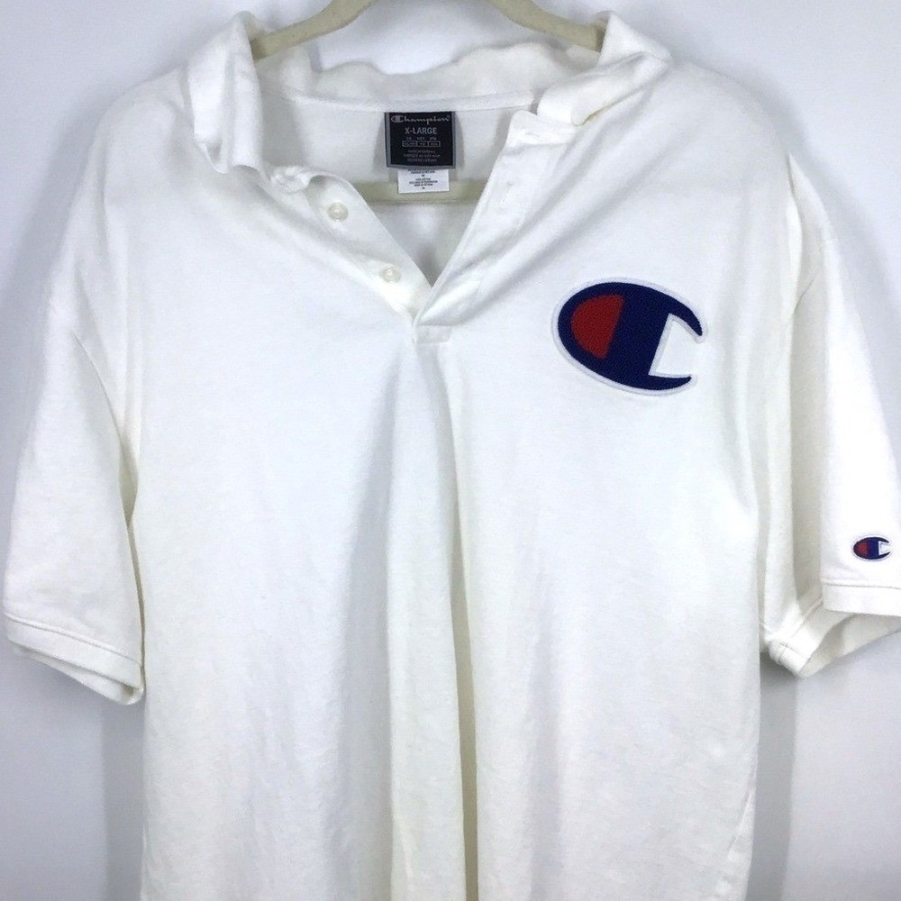 Champion XL White Logo Polo Shirt Big C Pique Chenille Streetwear Athleisure